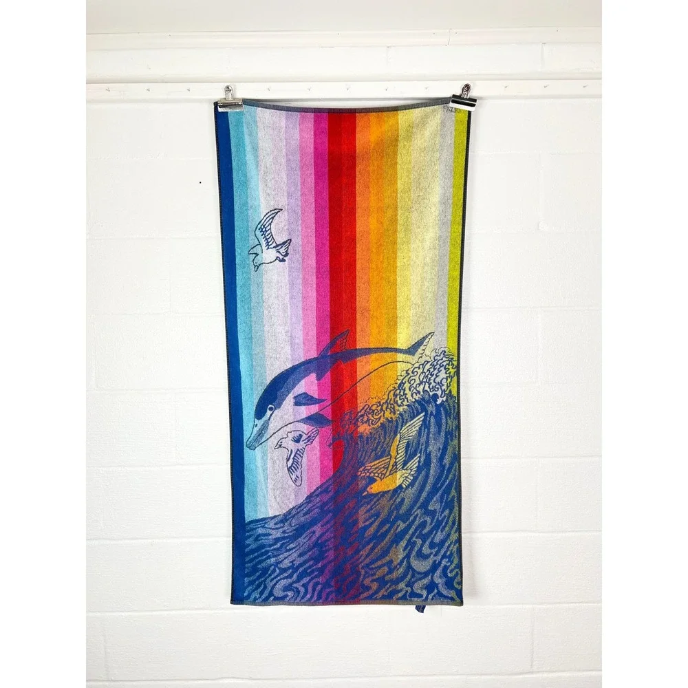 Vintage Brasilia Rainbow Dolphin Beach Towel Cotton Made in Brazil Ocean Waves